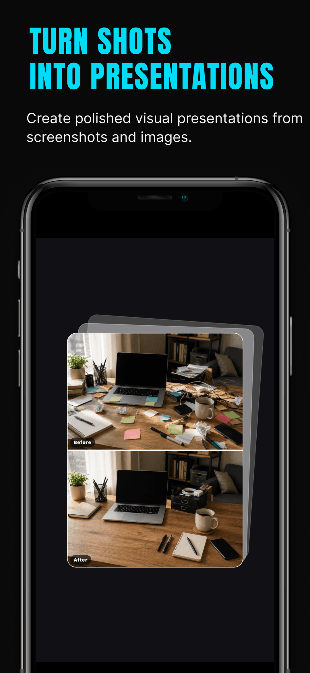 Before-and-after comparison in ShotLab turning a cluttered desk photo into a clean presentation visual