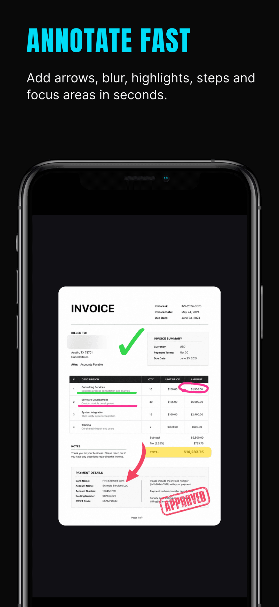 Invoice screenshot annotated in ShotLab with arrows, highlights, a blur over private details, and stickers