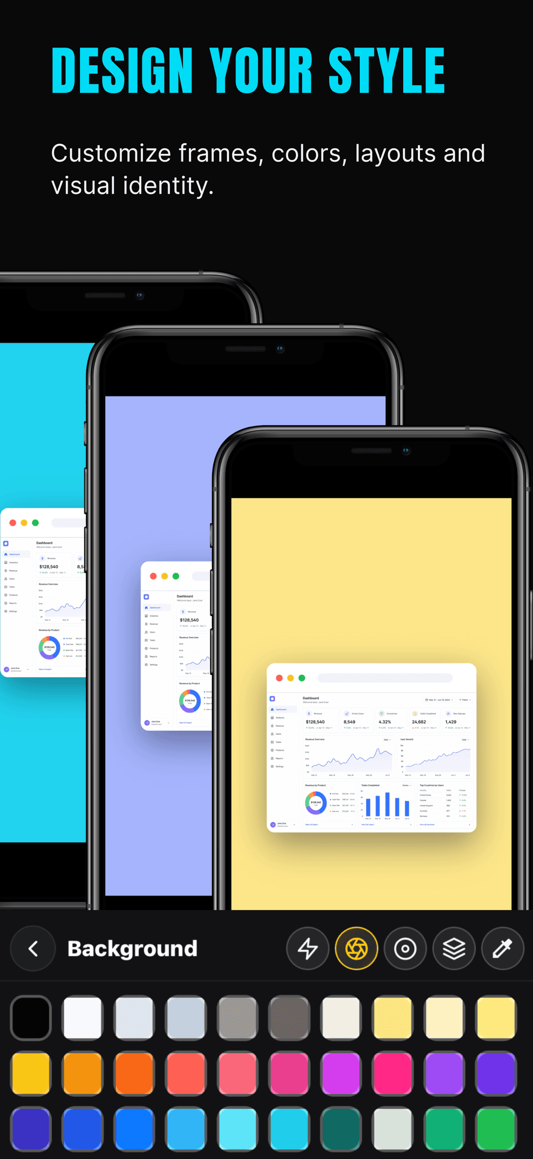 ShotLab style editor placing a dashboard screenshot in a browser frame on cyan, purple, and yellow backgrounds