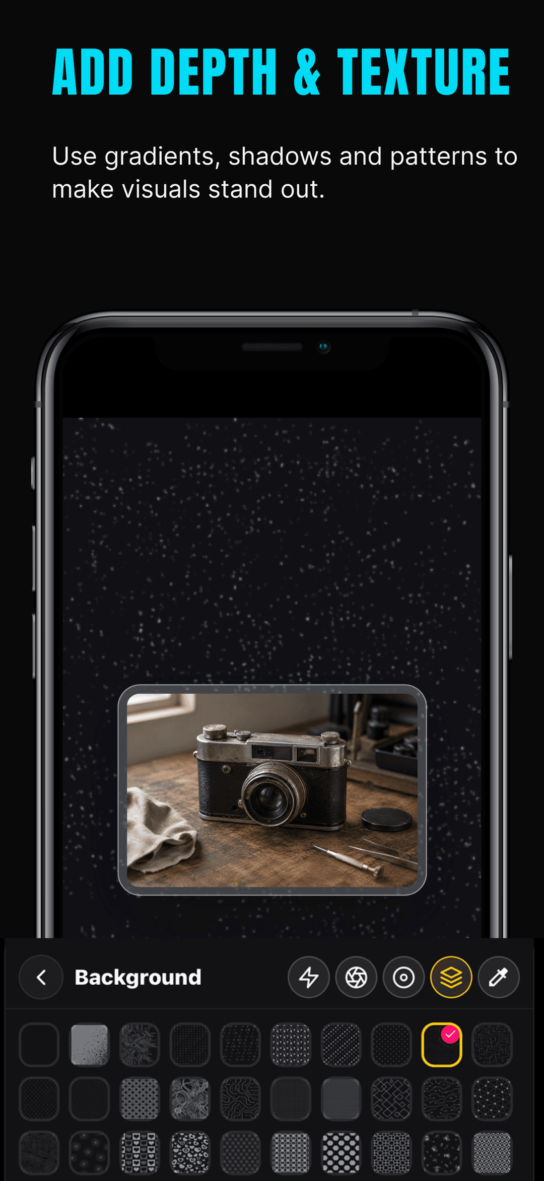 Photo framed on a dark textured pattern background in ShotLab, with the background pattern picker open