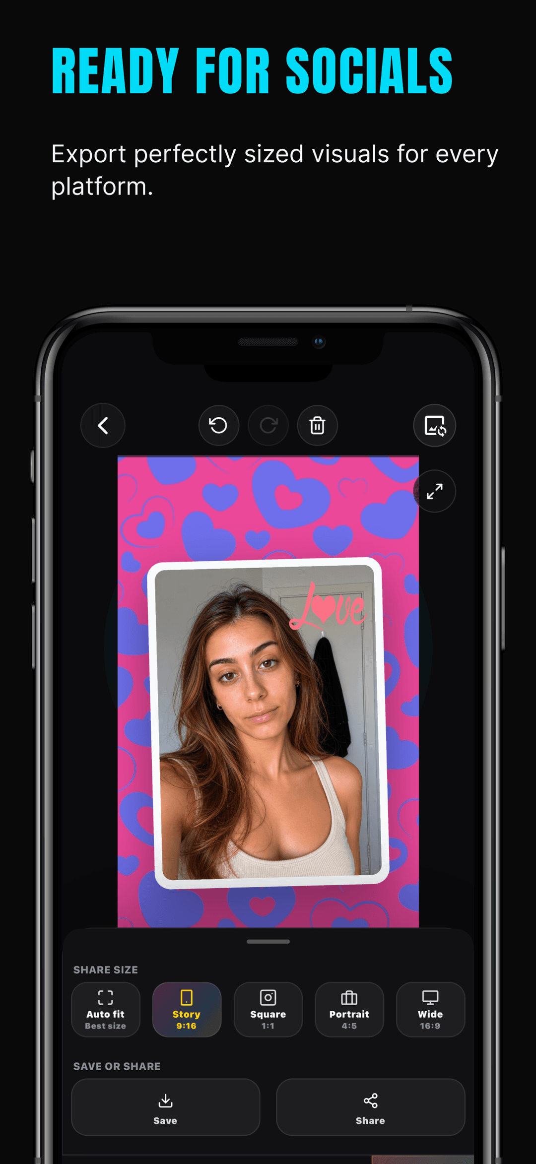 ShotLab export presets for social media: Story 9:16, Square 1:1, Portrait 4:5, and Wide 16:9 sizes