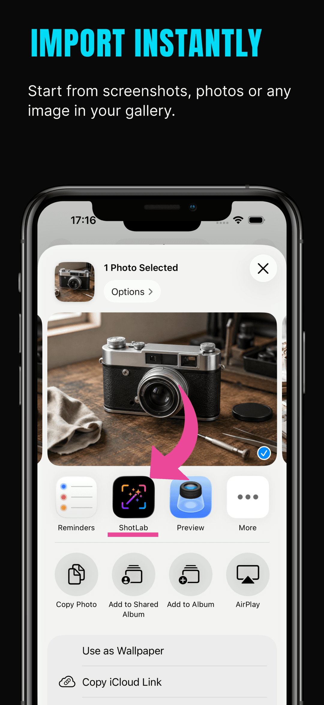 Importing a photo into ShotLab from the iOS share sheet to start editing a screenshot instantly